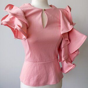 NYLON Ruffle Sleeve Peplum Top – Pink Keyhole Blouse | Size Small